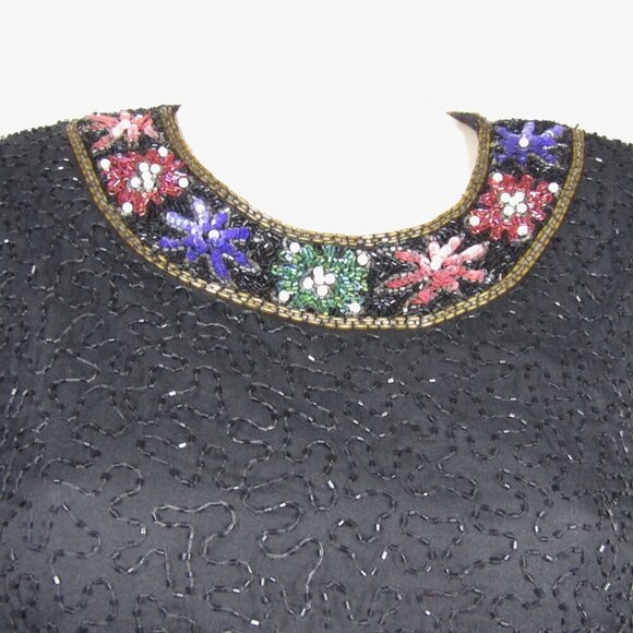 VTG 80s 90s SILK Beaded Sequin GLAM Holiday Event Party Kazar Blouse Top PL - Picture 2 of 12